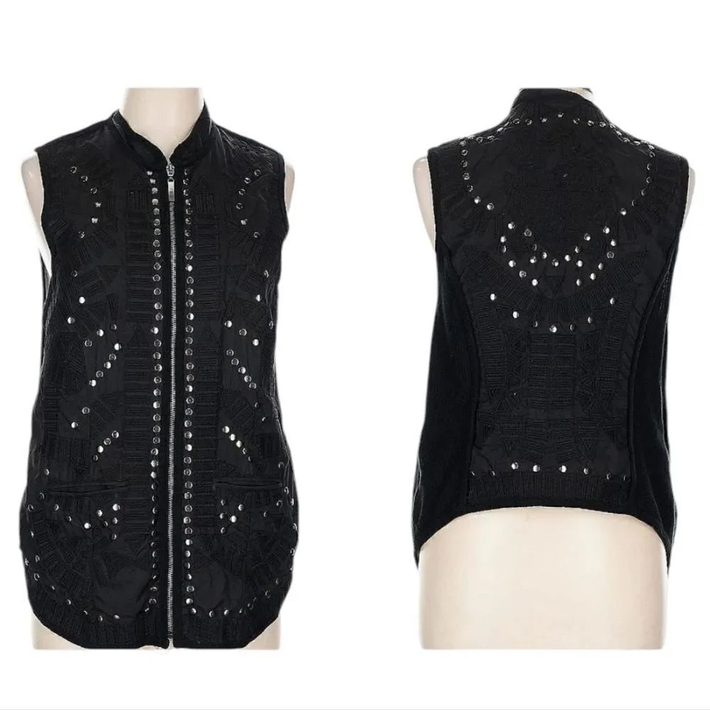 Johnny Was Biya Studded Zip Vest Silver Chain Embroidery Size L Boho Grunge